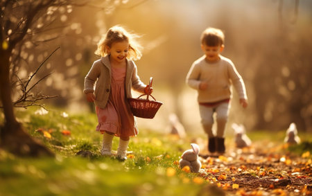 Easter hunting happy kids running in the garden among rabbit toys. Active children playing in the garden. Easter party activity photo. AI Generative.の素材