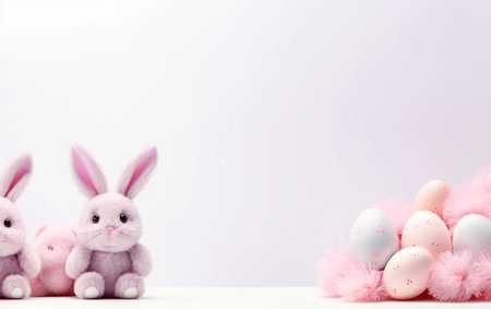 Happy Easter background banner with hand crafted bunnies on purple background. Decorative eggs, pastel colors, copy space. Spring design for banners, posters, greeting cards, invitations. AI Generativeの素材