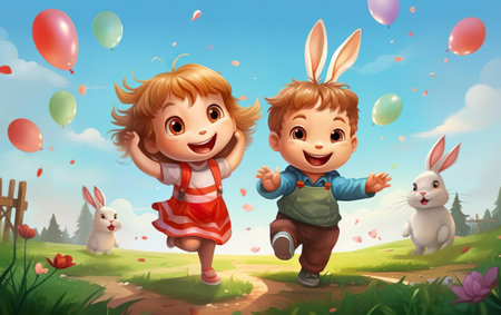Easter hunting happy kids running outside with rabbits. Children playing in the meadow. Easter party activity illustration. AI Generative.の素材