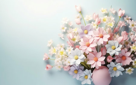 Happy Easter poster with bouquet of spring flowers in pink vase isolated on blue background. Floral illustration, pastel colors, copy space. Spring design for posters, greeting cards. AI Generative.の素材