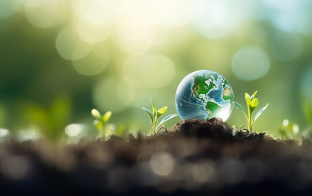 Happy Earth day poster with a transparent glowing marble globe. Photorealistic sphere on the ground. 3d render illustration. Close up, macro, green blurred background, bokeh, copy space. AI Generativeの素材
