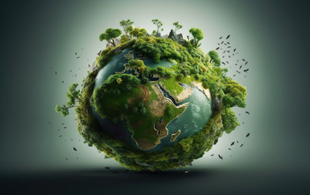 Happy Earth day poster with a globe and trees in the center. Photorealistic sphere. 3d render illustration, vignette, copy space. Birds flying around. AI Generativeの素材