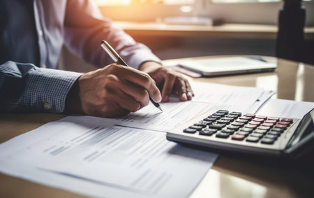 Tax day poster. Man sitting at wooden office table, holding pen, filling in forms and calculating taxes. Calculators, lap top, dark hands in blue shirt close up. Copy space, warm light. AI Generativeの素材