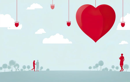 World Health Day graphic poster, hanging big red heart, small droppers, walking donors. Blood donation concept. Minimalistic light blue illustration. Healthcare background, copy space. AI Generative.の素材