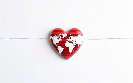 World Health Day poster, Earth continents silhouette in red heart and abstract blue red vessels electrocardiogram. 3d render illustration. Blood donation healthcare minimalistic icon. AI Generative.の素材