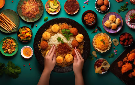 Happy Ramadan poster, hands eating festive food from muslim table full of middle eastern dishes. Flatlay, top view, over the shoulder, copy space. AI Generativeの素材