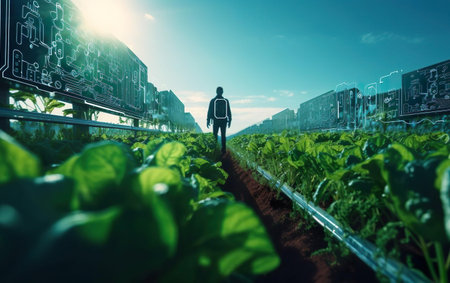 Modern era, futuristic technologies. Boosting agricultural productivity with chip and computer tech. Hitech software concept. AI Generative.の素材