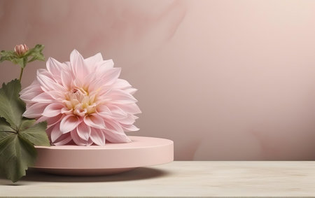 Peach color. Pastel pink dahlia flower leaves podium stone stage pedestal natural mock up. Product promotion beauty cosmetic pedestal. Twist plank template. Studio minimal showcase. AI Generative.の素材