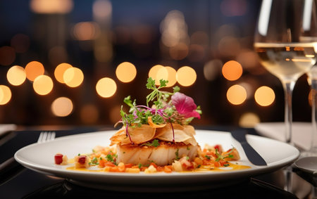 Close up to delicious gourmet dish with bokeh lights of elegant restaurant as background. Fish, sauce, seafood, greens. AI Generative.の素材