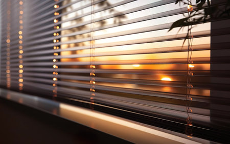 Beautiful blurred view background. Close-up of automated blinds, with view of the outdoors visible behind them. Interior design poster. AI Generative.の素材