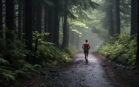 Everyday sport routine. Athlete runner, forest trail in the rain. AI Generative.の素材