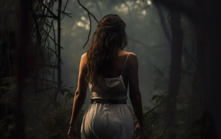 Mystery poster. A woman standing in the forest walking away, point of view from behind. Back view, no face, over the shoulder. AI Generative.の素材