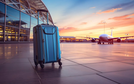 Travel concept. Suitcase with luggage at the airport - the challenges of airport luggage and the suitcase hassle. AI Generative.の素材