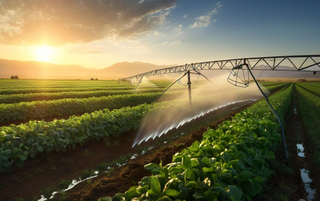 Crops field poster. Irrigation system on agricultural soybean field, rain gun sprinkler helps to grow plants in the dry season, increases crop yields. Landscape, beautiful sunset. AI Generative.の素材