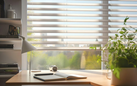 Beautiful blurred view background. Wooden table, lamp, plants. Close-up of automated blinds, with view of the outdoors visible behind them. Interior design poster. Work space design. AI Generative.の素材