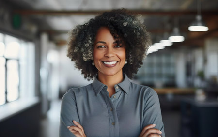 Middle age black businesswoman posing smiling in the modern office, smart casual. AI Generative.の素材