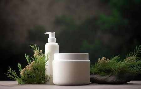 Organic treatment concept. Mockup with off white cosmetic dispensers and cream jar with plants like branches, moss and leaves. AI Generative.の素材
