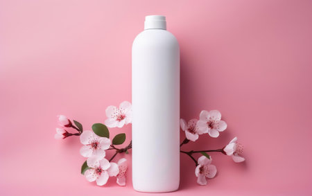 Fresh feminine beauty concept. White cosmetic bottle mock up on soft pink background with pink cherry flowers. AI Generative.の素材