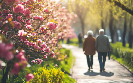 Spring poster. Elderly couple walking in a blooming park holding hands. Walking away. Back view from behind. Pink cherry blossom time. Blurred background, copy space, bokeh, de focus. AI Generative.の素材