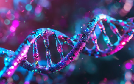 Modern clean minimalistic genetic engineering poster. Neon science banner. Abstract DNA strand. laboratory genes chain. Biotechnology, synthetic biology background texture. AI Generative.の素材
