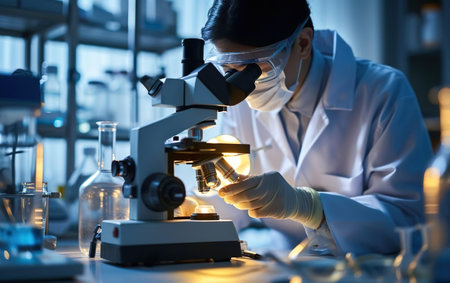 Science banner. Male Asian scientist in white uniform, mask and goggles working with microscope in laboratory. Biotechnology, genetic engineering, synthetic biology poster. AI Generative.の素材