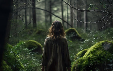 Mystery poster. A woman standing in the forest walking away, point of view from behind. Back view, no face, over the shoulder. AI Generative.の素材