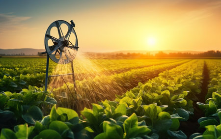 Crops field poster. Irrigation system on agricultural soybean field, rain gun sprinkler helps to grow plants in the dry season, increases crop yields. Landscape, beautiful sunset. AI Generative.の素材