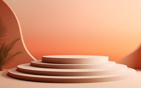 Trendy peach color stage. Abstract background, mock up scene with podium geometry shape for product display. AI Generative.の素材
