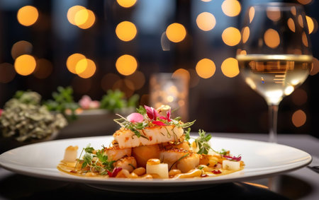 Close up to delicious gourmet dish with bokeh lights of elegant restaurant as background. Fish, potatoes, greens, seafood, salad. AI Generative.の素材
