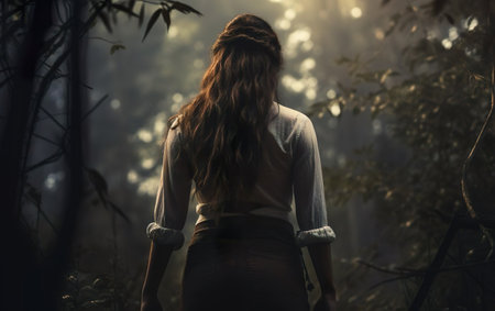 Mystery poster. A woman standing in the forest walking away, point of view from behind. Back view, no face, over the shoulder. AI Generative.の素材