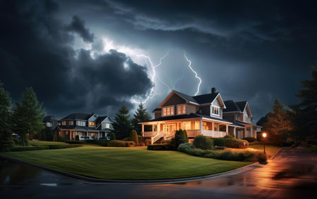 Calamity concept poster. Lighting storm over a suburban house. Stormy night, dangerous weather banner. AI Generative.の素材
