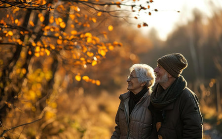 Romantic autumn poster. Happy mature couple walking in the park holding hands looking at fall yellow trees. Elderly people portrait. Blurred background, copy space, bokeh. AI Generative.の素材