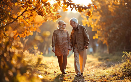 Romantic autumn poster. Happy mature couple walking in the park holding hands looking at each other, yellow trees around. Elderly people portrait. Blurred background, copy space, bokeh. AI Generative.の素材