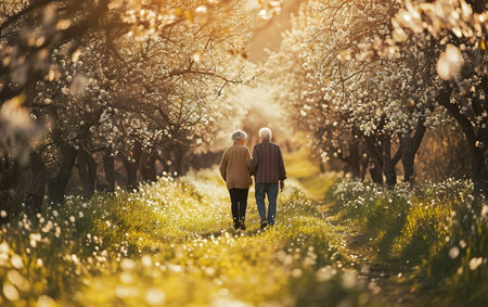 Romantic spring poster. Elderly couple walking in a blooming garden holding hands. Back view from behind. White cherry blossom. Blurred background, copy space, bokeh, de focus. AI Generative.の素材