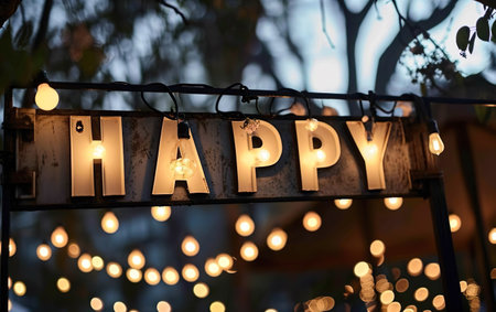 Happy poster. Welcoming quote banner on the blurred background with a dark photo of open air bar or a kitchen. Deemed light evening exterior. Lettering composition. AI Generative.の素材