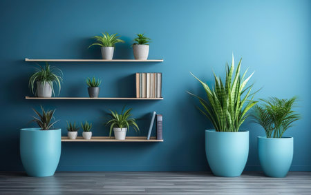 Cozy stylish minimalistic interior. The indoor potted plants decoration in modern room with a wooden floor and blue wall. AI Generative.の素材