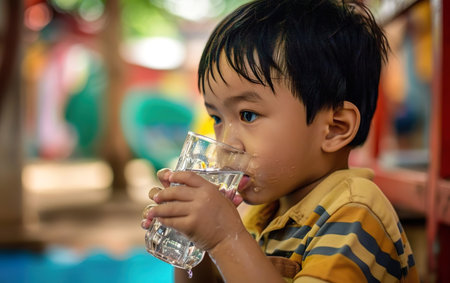 Toddler portrait. A kid drinking water at the wooden table in a kindergarten. Daycare centre banner. Morning routine in nursery institution. Childrens healthy habits. AI Generative.の素材
