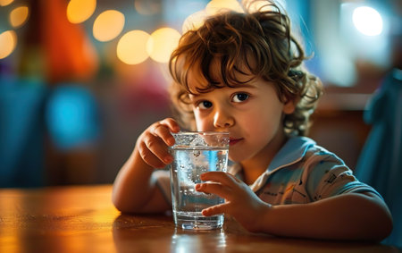 Toddler portrait. Blonde curly hair kid drinking water at the wooden table in a kindergarten. Daycare centre banner. Morning routine in nursery institution. Childrens healthy habits. AI Generative.の素材