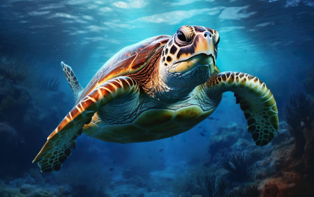 Under the sea banner. Marina poster. Portrait of a happy sea turtle swimming underwater. Diving spot concept. AI Generative.の素材