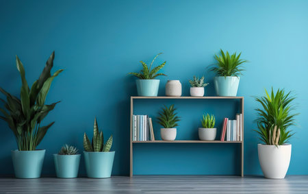 Cozy stylish minimalistic interior. The indoor potted plants decoration in modern room with a wooden floor and blue wall. AI Generative.の素材