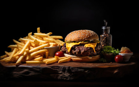 Craft beef burger and french fries on wooden table melting cheese isolated on black background. AI Generativeの素材