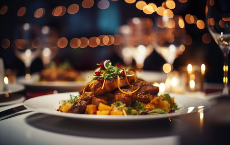 Close up to delicious gourmet dish with bokeh lights of elegant restaurant as background. Meat, potatoes, greens. AI Generative.の素材