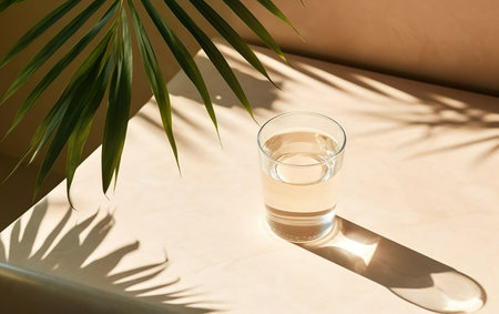 Glass of water, palms leaves. Long harsh shadows. Beige table background in sunlight. Blank business, greeting card, invitation mockup scene. Summer tropical stationery still life scene. AI Generativeの素材