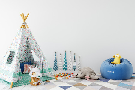Mock up wall in child room interior. Interior scandinavian style. 3d rendering, 3d illustration. Perfect for Branding your creation or business. Interior wall Mockups good to use for shop owners, artists, creative people, bloggers, who want to advertise or show their latest design!の写真素材