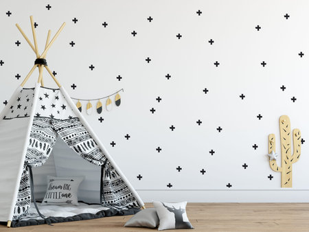 Mock up wall in child room interior. Interior scandinavian style. 3d rendering, 3d illustration....