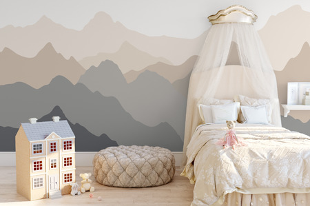 Mock up wall in child room interior. Interior scandinavian style. 3d rendering, 3d illustration. Perfect for Branding your creation or business. Interior wall Mockups good to use for shop owners, artists, creative people, bloggers, who want to advertise or show their latest design!の写真素材