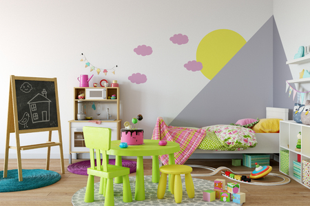 Mock up wall in child room interior. Interior scandinavian style. 3d rendering, 3d illustration. Perfect for Branding your creation or business. Interior wall Mockups good to use for shop owners, artists, creative people, bloggers, who want to advertise or show their latest design!の写真素材