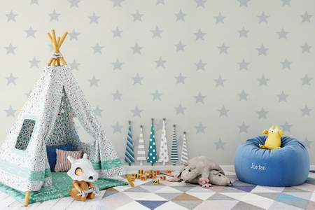 Mock up wall in child room interior. Interior scandinavian style. 3d rendering, 3d illustration. Perfect for Branding your creation or business. Interior wall Mockups good to use for shop owners, artists, creative people, bloggers, who want to advertise or show their latest design!の写真素材