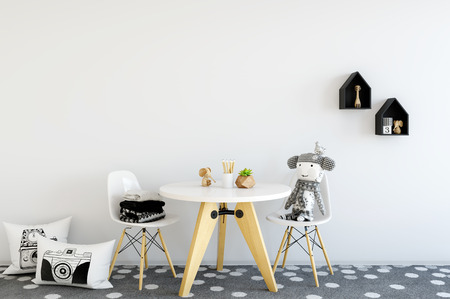 Mock up wall in child room interior. Interior scandinavian style. 3d rendering, 3d illustration. Perfect for Branding your creation or business. Interior wall Mockups good to use for shop owners, artists, creative people, bloggers, who want to advertise or show their latest design!の写真素材