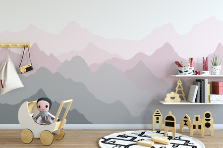mock up wall in child room interior. Interior scandinavian style. 3d rendering, 3d illustrationの写真素材